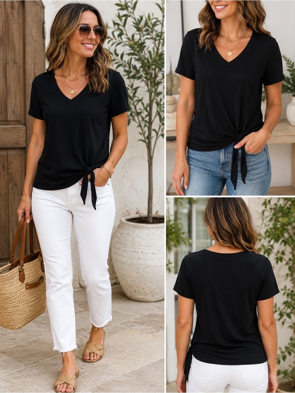 Matty M Black Side Tie V-Neck Blouse | Short Sleeve Stretch Knit Top Capsule